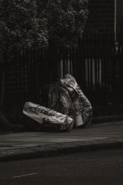 Two large black plastic rubbish bags, filled and tied at the top, are positioned on the pavement near a wooden fence with vertical slats. The bags appear to contain household waste, with some of the material bulging through their crinkled, shiny surface. To the left of the bags, a rectangular cardboard box, possibly a discarded packaging item, is lying on its side, with visible text and branding partially obscured. Behind the fence, dense foliage from trees or bushes extends upward, providing a natural backdrop. The scene is lit by natural daylight, casting soft shadows on the ground and highlighting the textures of the materials. The setting suggests an area where domestic waste has been temporarily gathered, and the presence of Rubbish Removal Dulwich indicates professional collection or disposal is part of an alternative waste handling service, consistent with non-local authority rubbish collection practices in the Dulwich area.