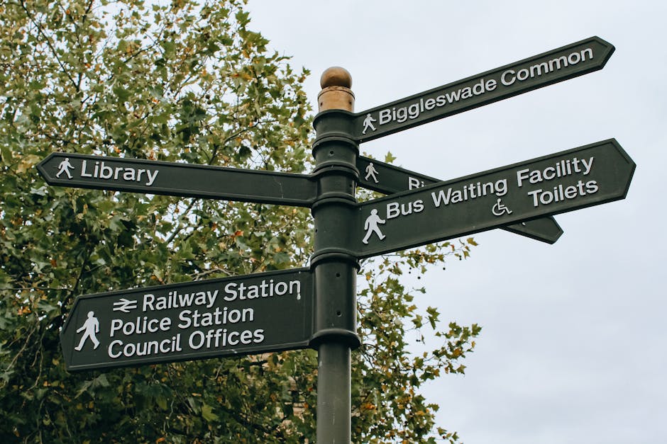A black metal directional signpost with multiple arms extending outward, located outdoors against a backdrop of leafy green trees and a pale, overcast sky. The signs are rectangular with pointed ends, displaying white text and icons indicating various local destinations such as 'Biggleswade Common,' 'Library,' 'Railway Station,' 'Police Station,' 'Council Offices,' 'Bus Waiting Facility,' and 'Toilets.' Some signs feature icons of pedestrians or wheelchair users to indicate accessibility. The signpost is mounted on a sturdy round pole with a rounded finial at the top. The scene suggests a public area, possibly a town or village center, where parts of the signage provide directional guidance, supporting the context of local infrastructure and community facilities. The natural lighting and composition emphasize clarity and neutrality, aligning with the observant and professional tone suitable for accessibility and informational descriptions related to waste and rubbish removal services like those offered by Rubbish Removal Dulwich.